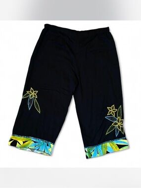Y2K Black Capris with Yellow&Teal Tropical Embroidery